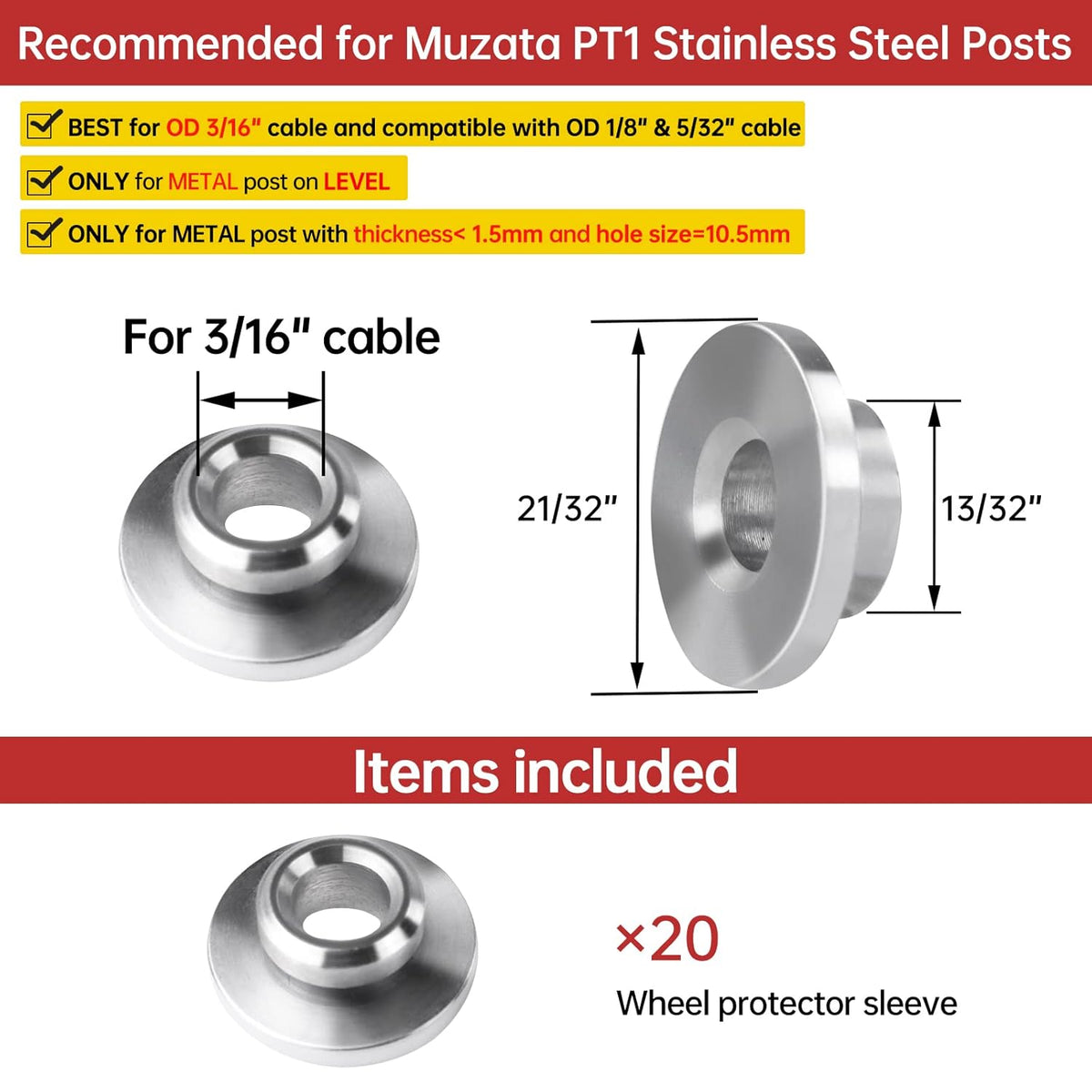 20Pack Cable Railing Kit 1/8 5/32 3/16 Wheel Protective Protector Sleeves for PT1 Metal Posts Wire Rope Level Deck Washer Insert Plug T316 Stainless Steel CR90, CP3 Pack of 2 J121449