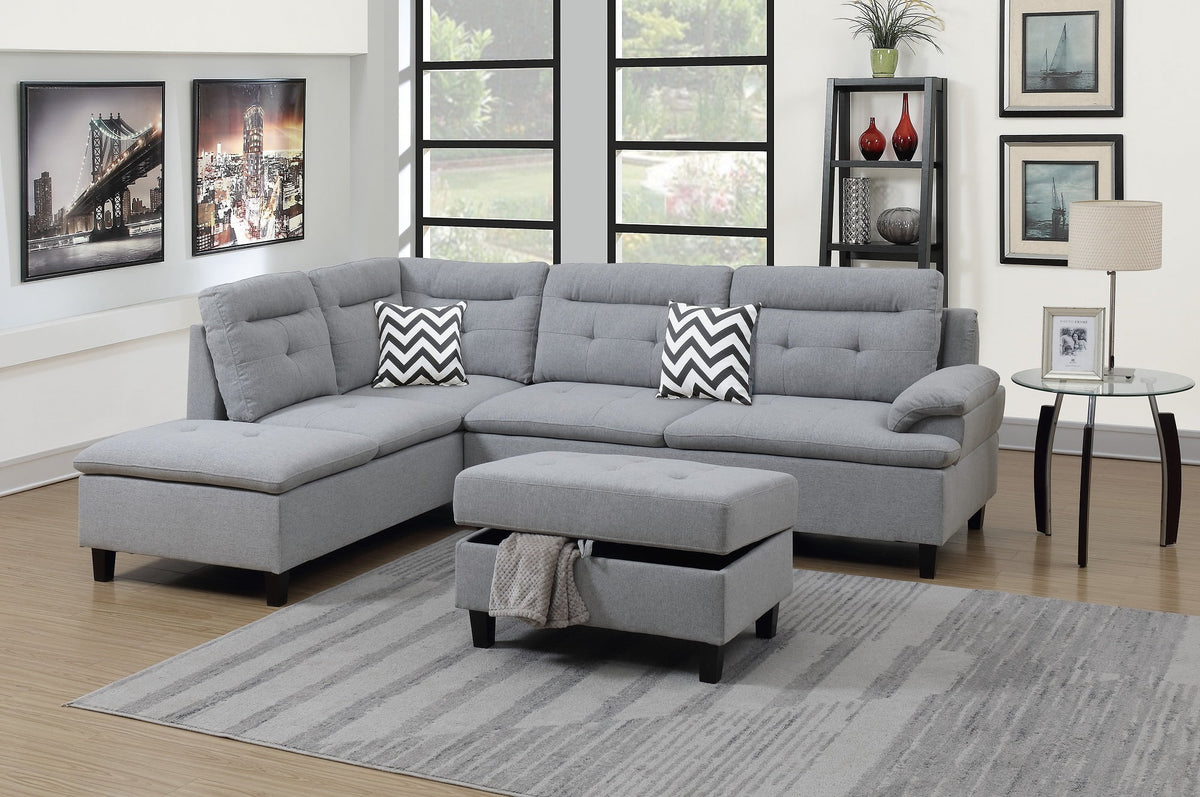 Grey Polyfiber Sectional Sofa with Ottoman and Storage Cushion Pillows A967312