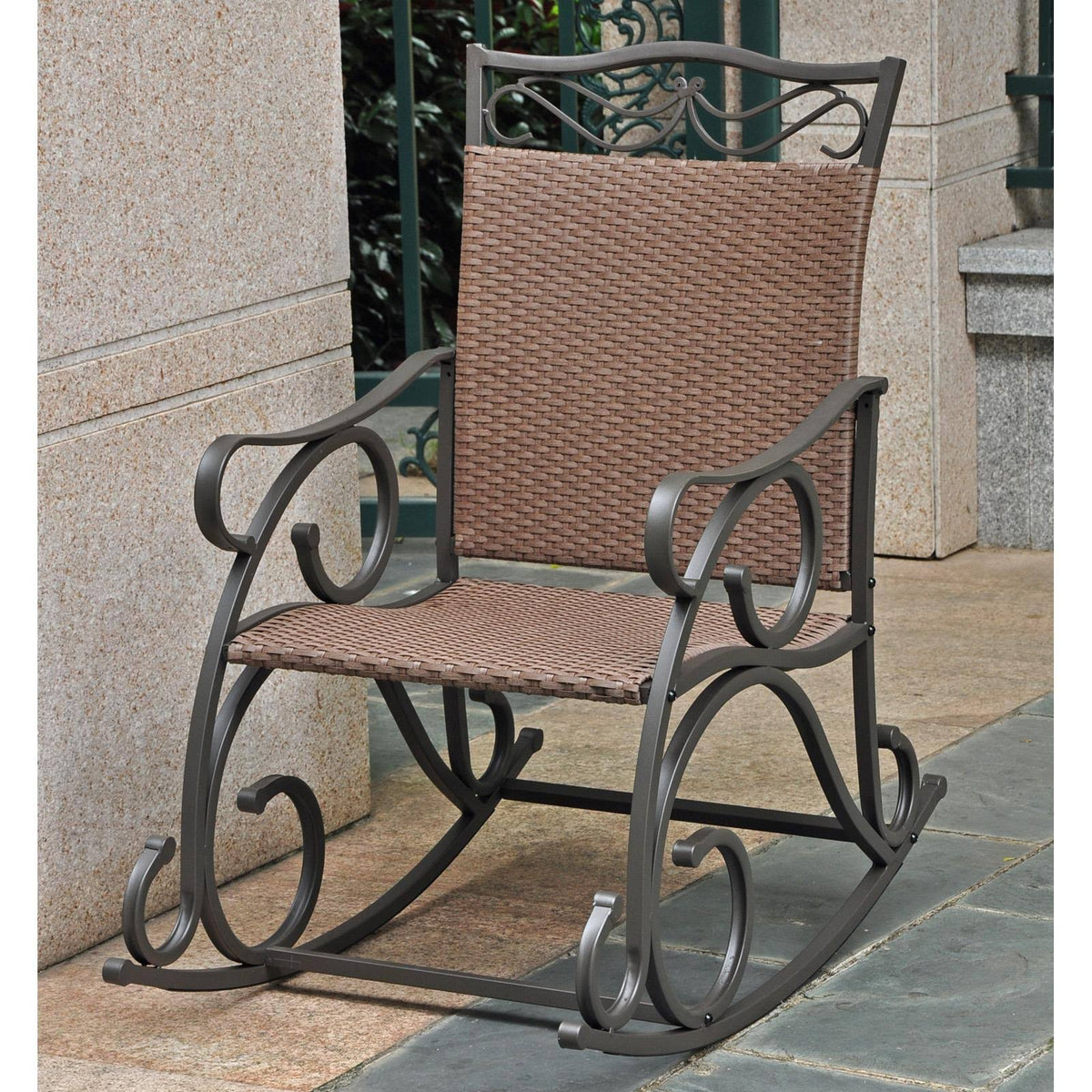 Antique Brown Resin Wicker Steel Rocking Chair Z86468
