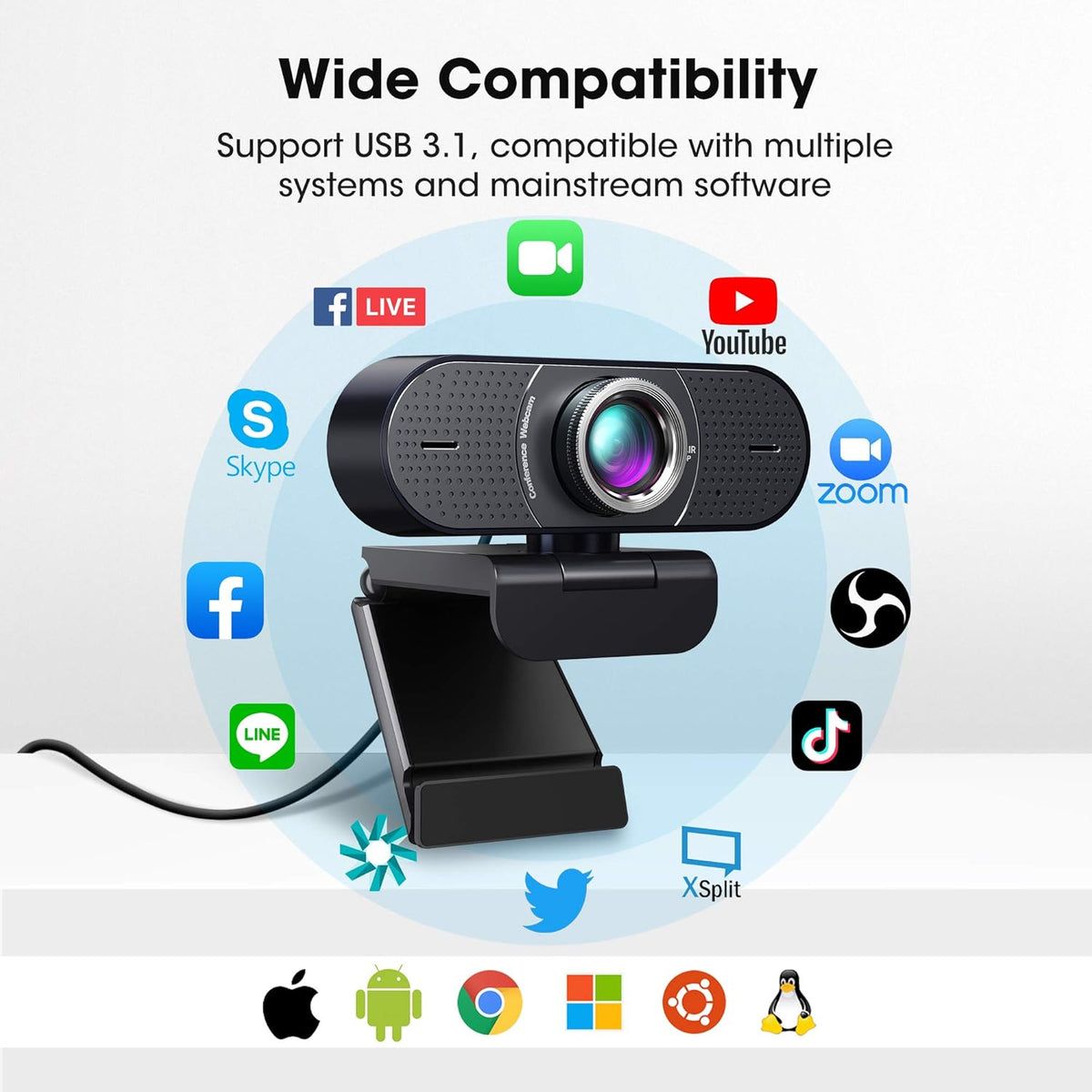 1080P Webcam with Microphone USB, 120° Wide View T765