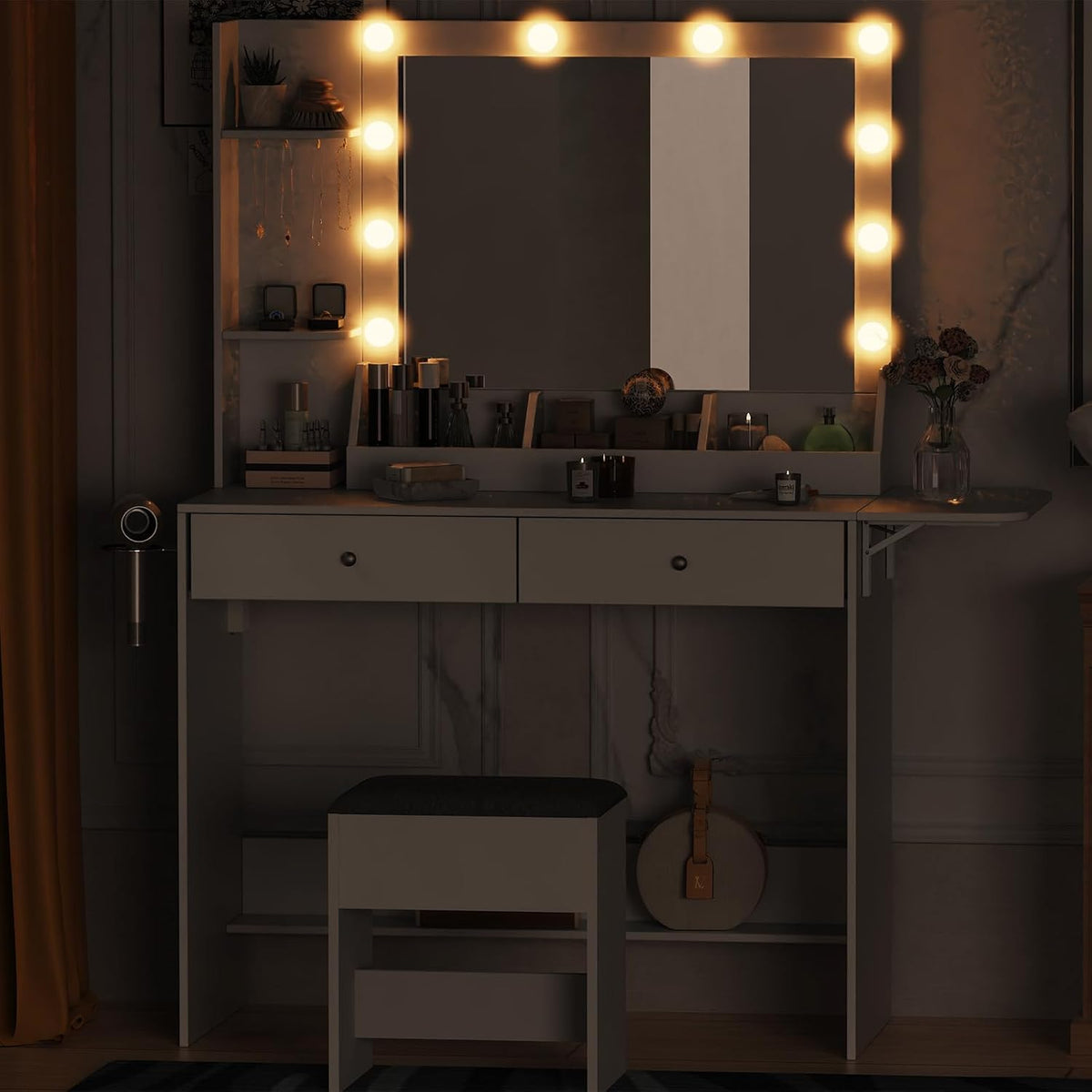White Makeup Vanity Desk with Lights and Charging Station, 2 Drawers & Cushioned Stool H9921