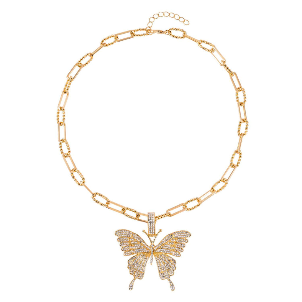White Crystal Goldtone Butterfly Pendant Necklace 20-22" W25169
