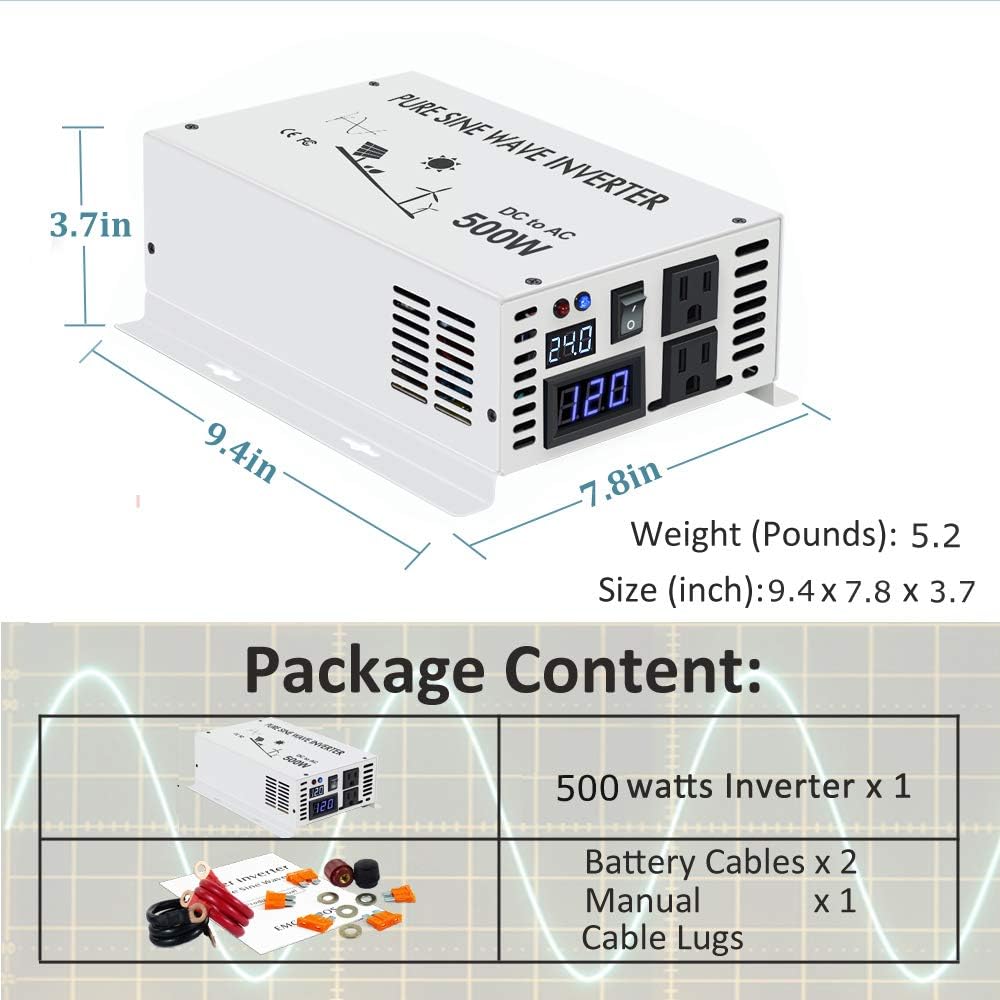 500w Pure Sine Wave Power Inverter 24v DC to 120v AC I137158