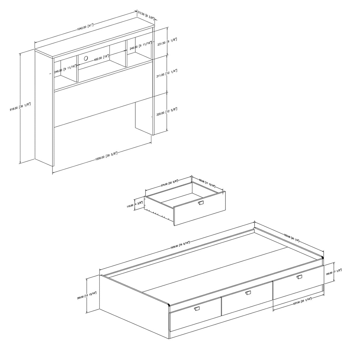 Twin 3 Drawer Storage Bed with Bookcase Headboard R7937