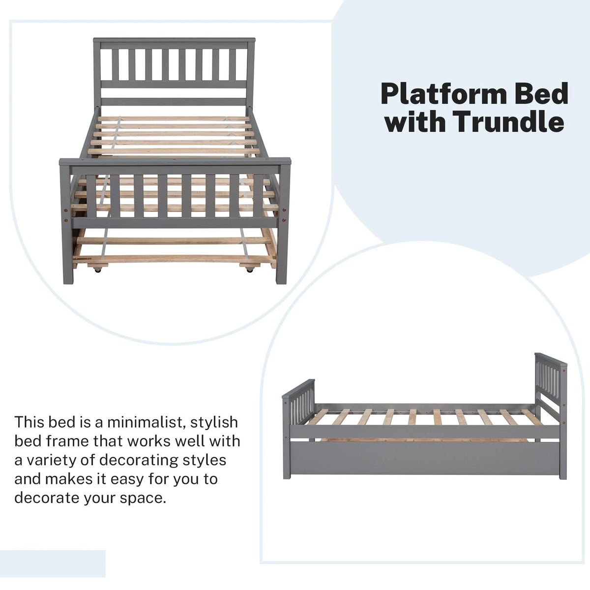 Gray Twin Size Wood Platform Bed with Trundle E451395