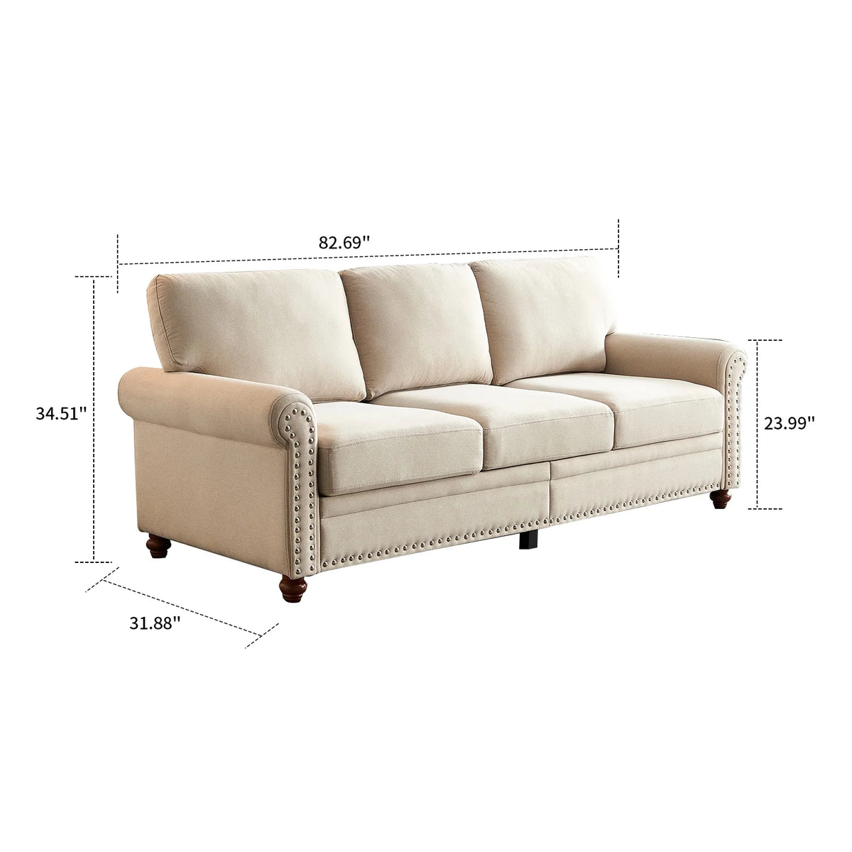 Beige Upholstered Three-seat Sofa with Wood Legs E5238