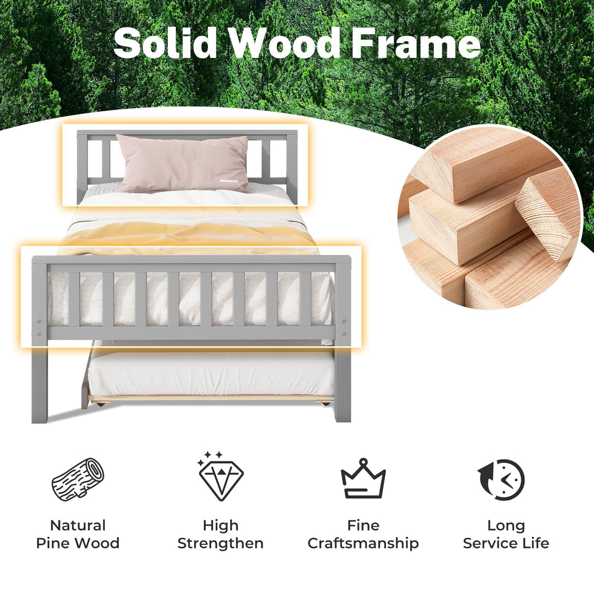 Gray Twin Size Wood Platform Bed with Trundle E451395