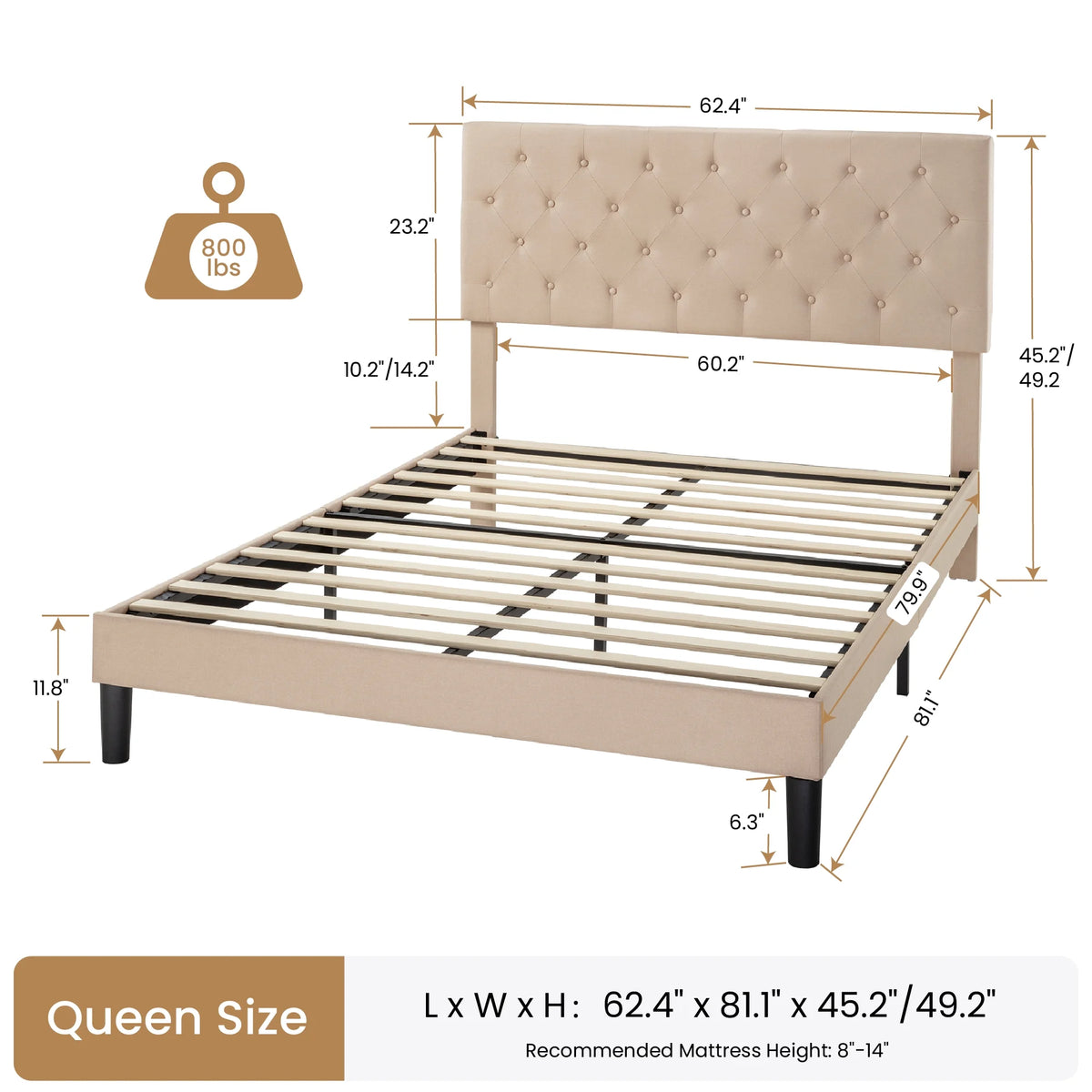 Black Queen Size Platform Bed Frame with Adjustable Tufted Headboard Z15807