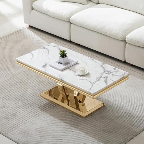 4 Piece Faux Marble Coffee Table Set with Gold Stainless Steel Base E3244