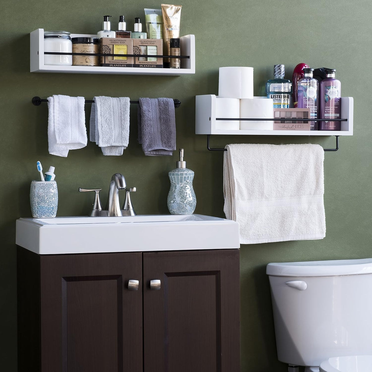 White Rustic Wood Wall Shelf with Metal Rail D837