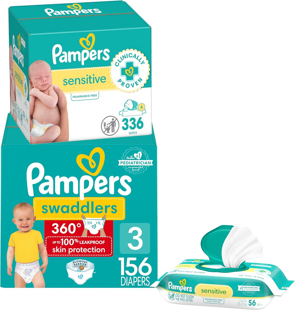 Size 3 Pull-On Diapers, 156 Count, with 336 Baby Wipes D31068