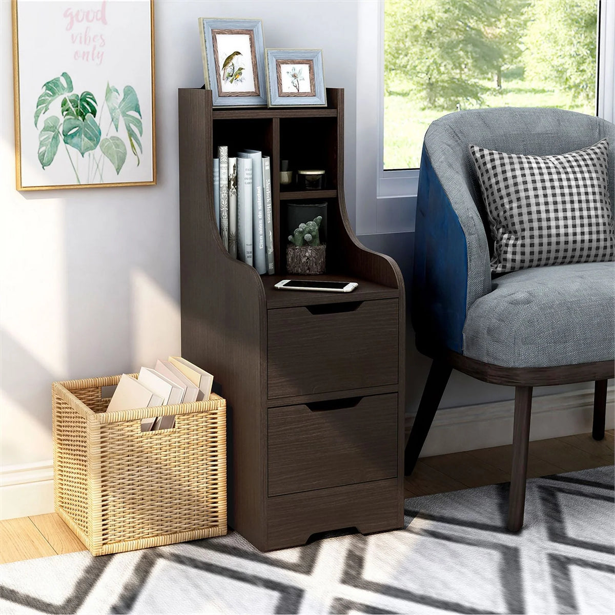 Walnut Wood 2-Drawer Nightstand with Open-Shelf Z51652