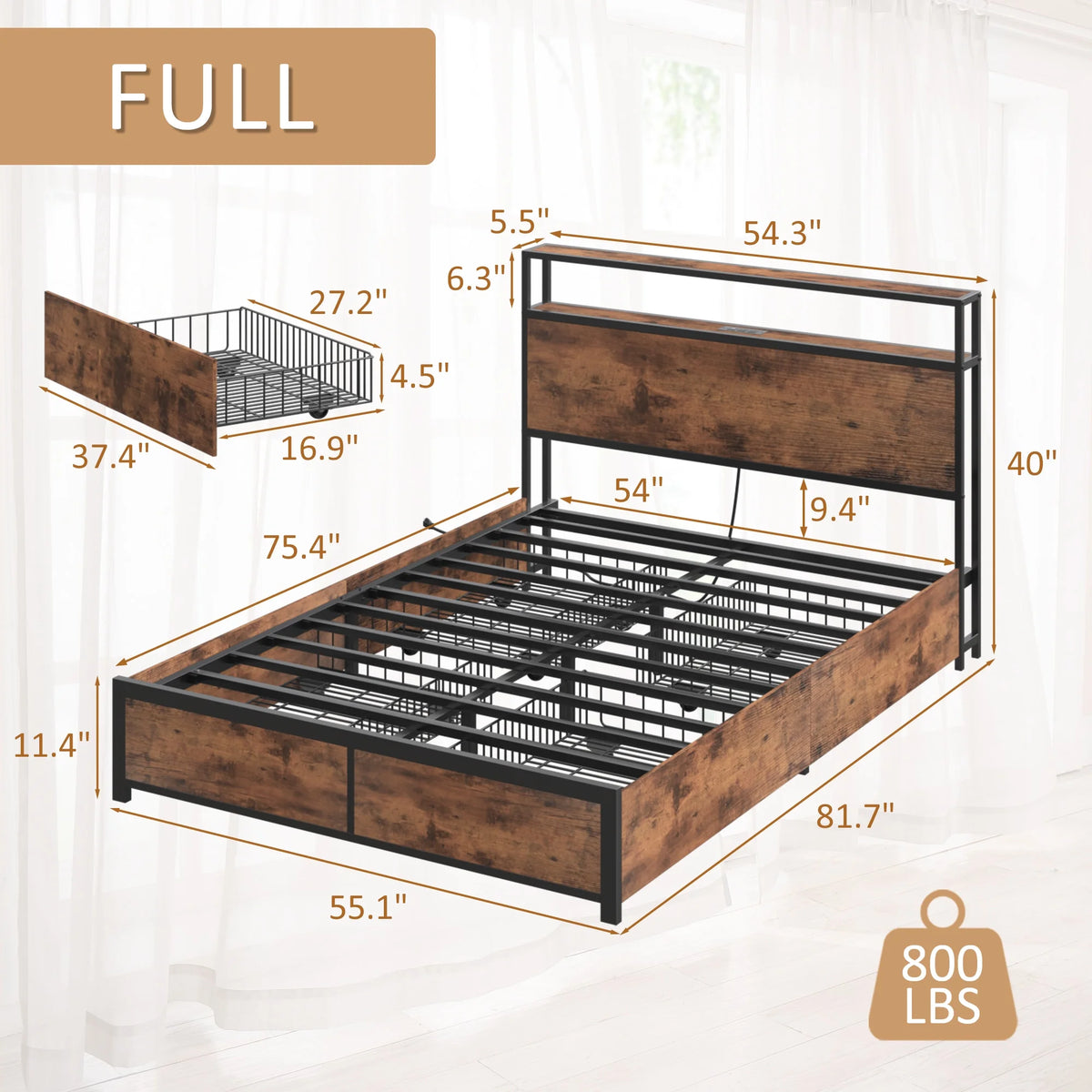 Queen Bed Frame with Headboard and Charging Station T5505