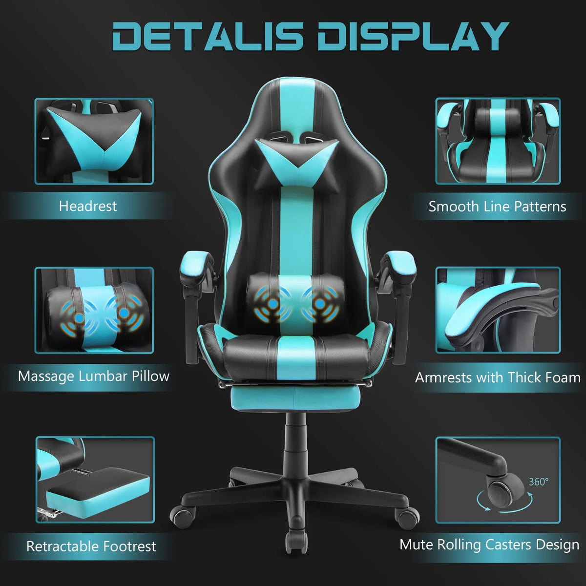Blue Gaming Chair with Footrest & Massage Lumbar Pillow V423