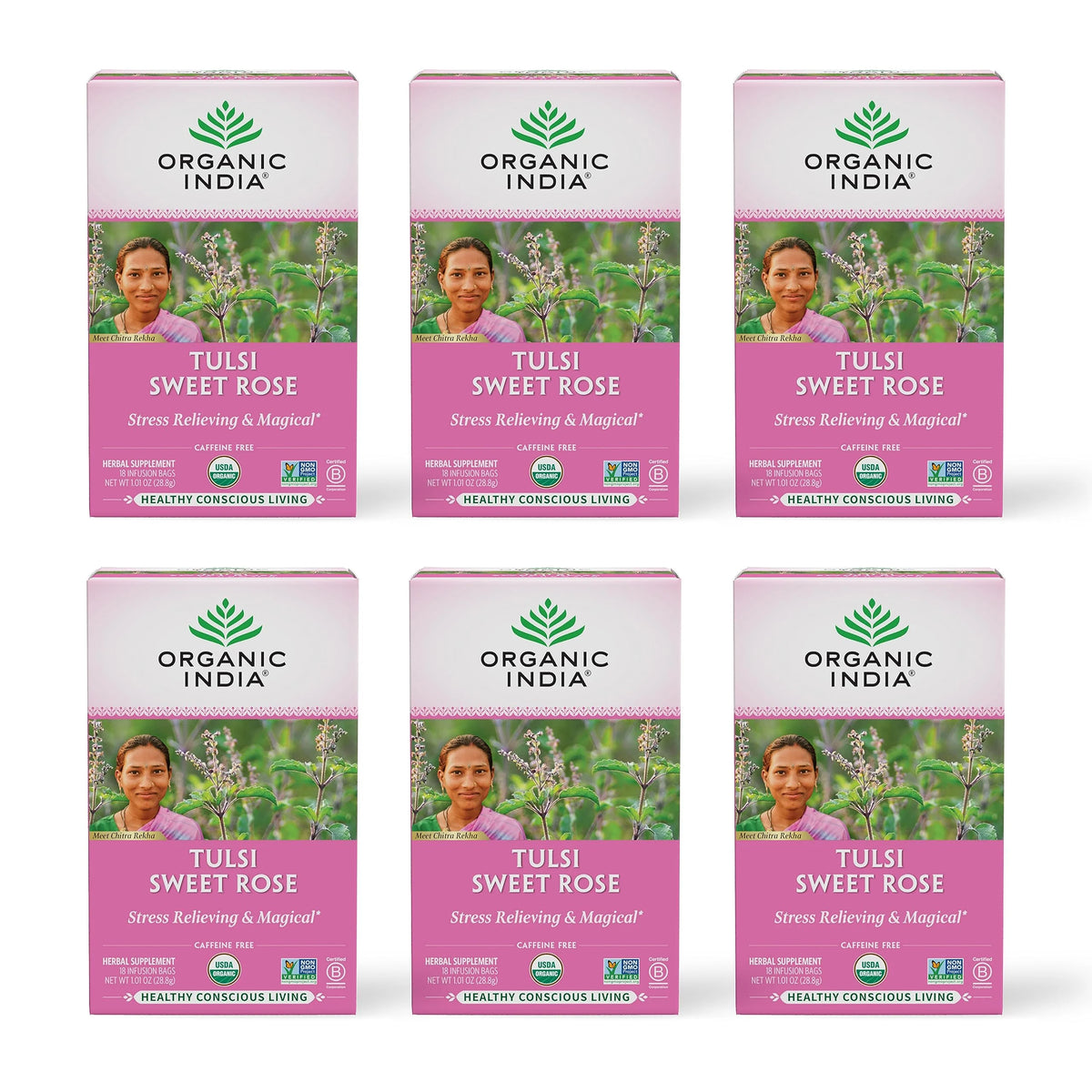 Organic Tulsi Sweet Rose Herbal Tea 18 Bags 6 Pack L598
