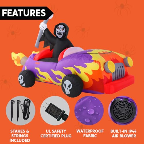 8ft Long Halloween Inflatable Grim Reaper Driving Car with Build-in LEDs B237
