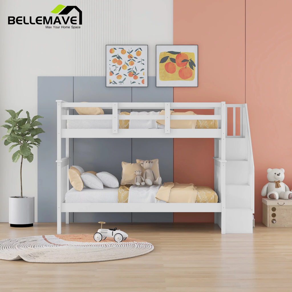 Twin Over Twin Bunk Bed with Storage Stairs and Guardrail, White W127440