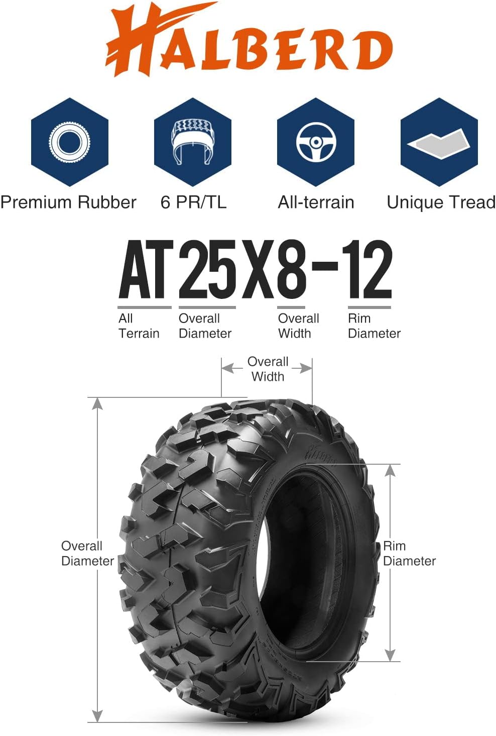 Set of 4 ATV UTV Tires 25x8-12 25x10-12 17MM Tread Depth O5017