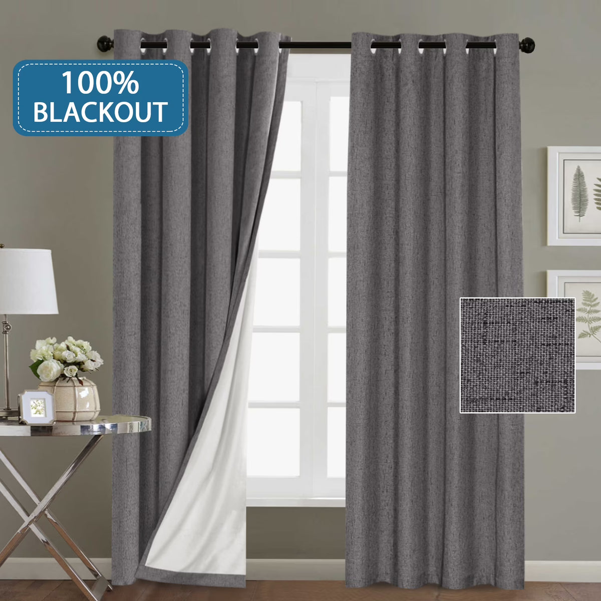 Grey Linen Grommet Top Blackout Curtains, 1 Pair, 52 X 108 Inch G19679