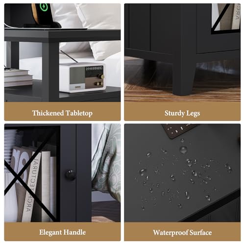 Black Farmhouse End Table with Charging Station and LED Lights T36267