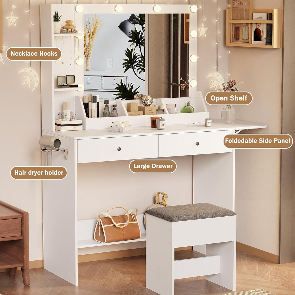 White Makeup Vanity Desk with Lights and Charging Station, 2 Drawers & Cushioned Stool H9921