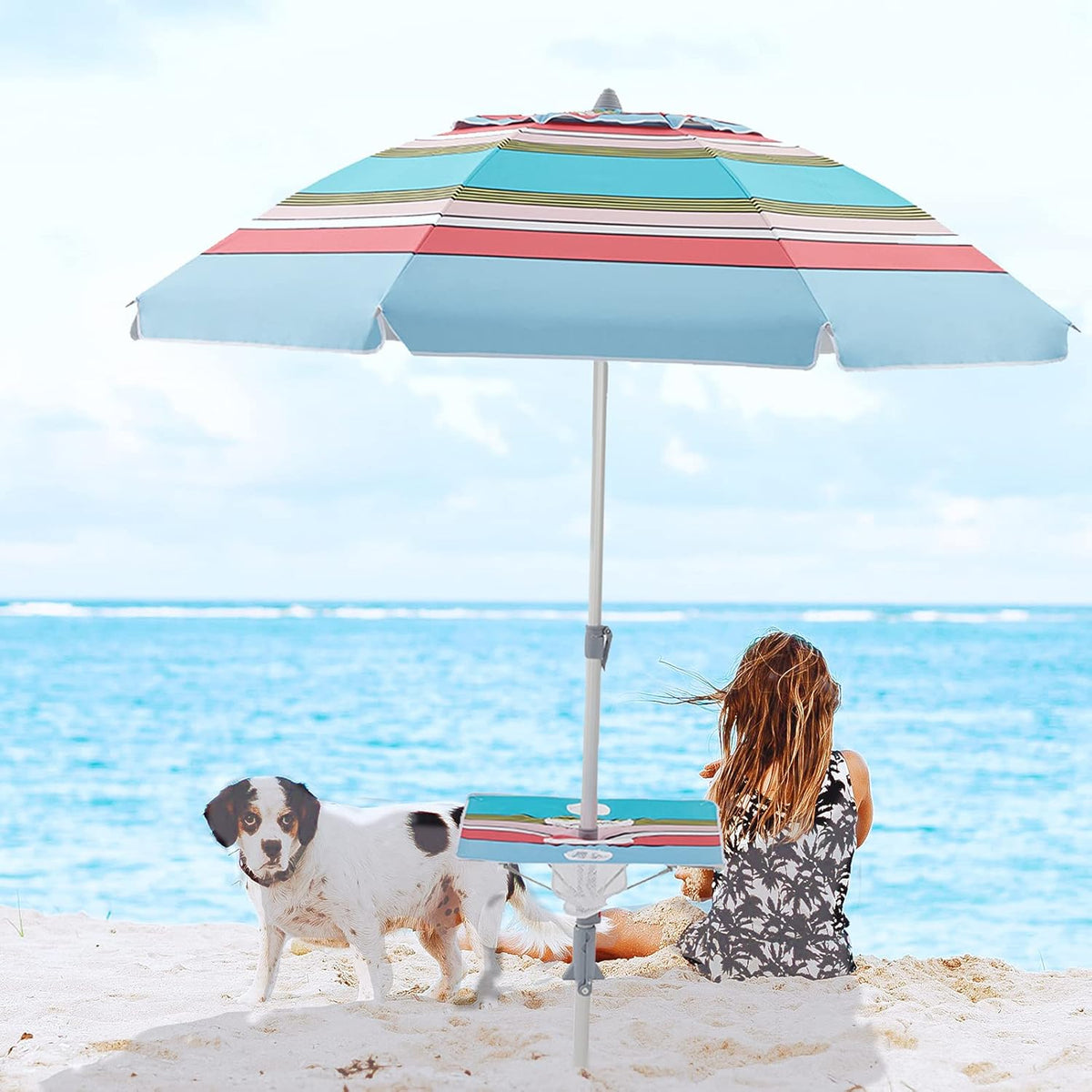 6.5FT SPF50+ Beach Umbrella with Table and Sand Anchor Q42155