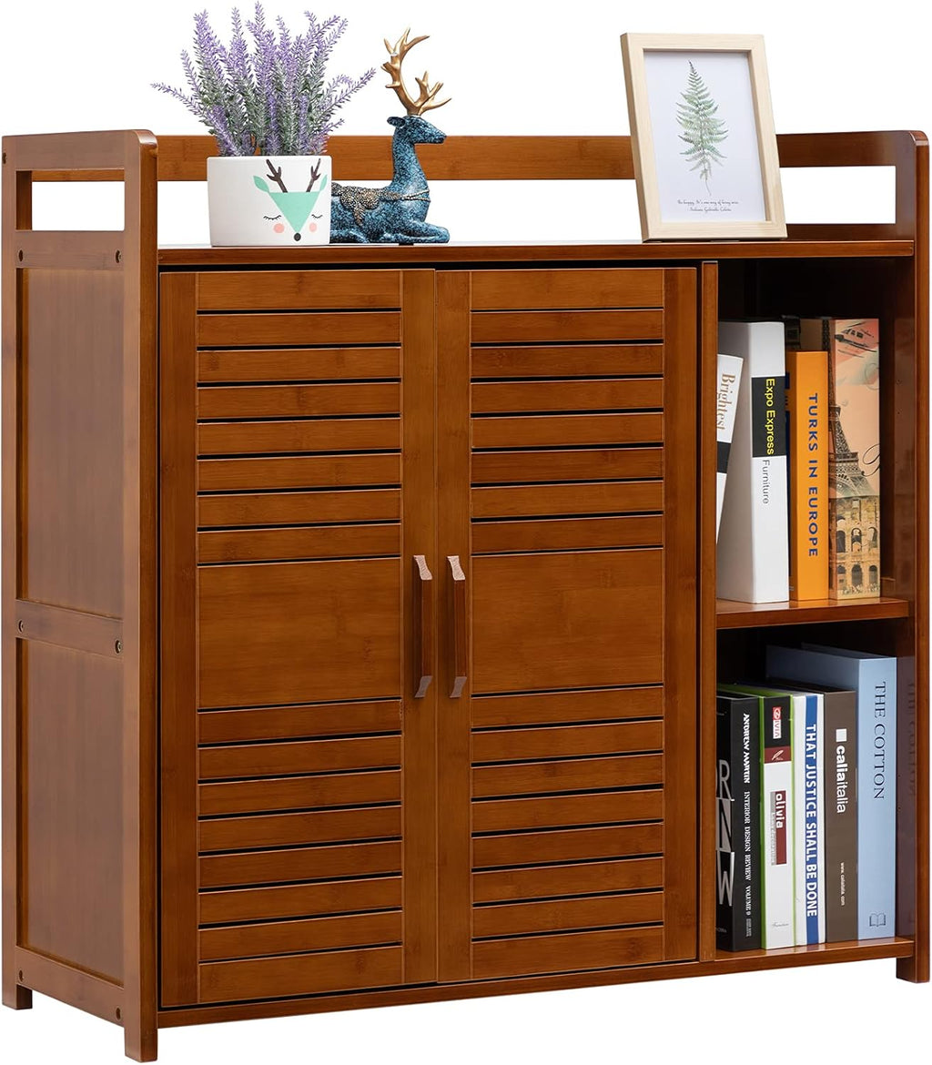 Bamboo Floor Storage Cabinet with 2 Doors and 2 Open Shelves, Antique Brown L92302