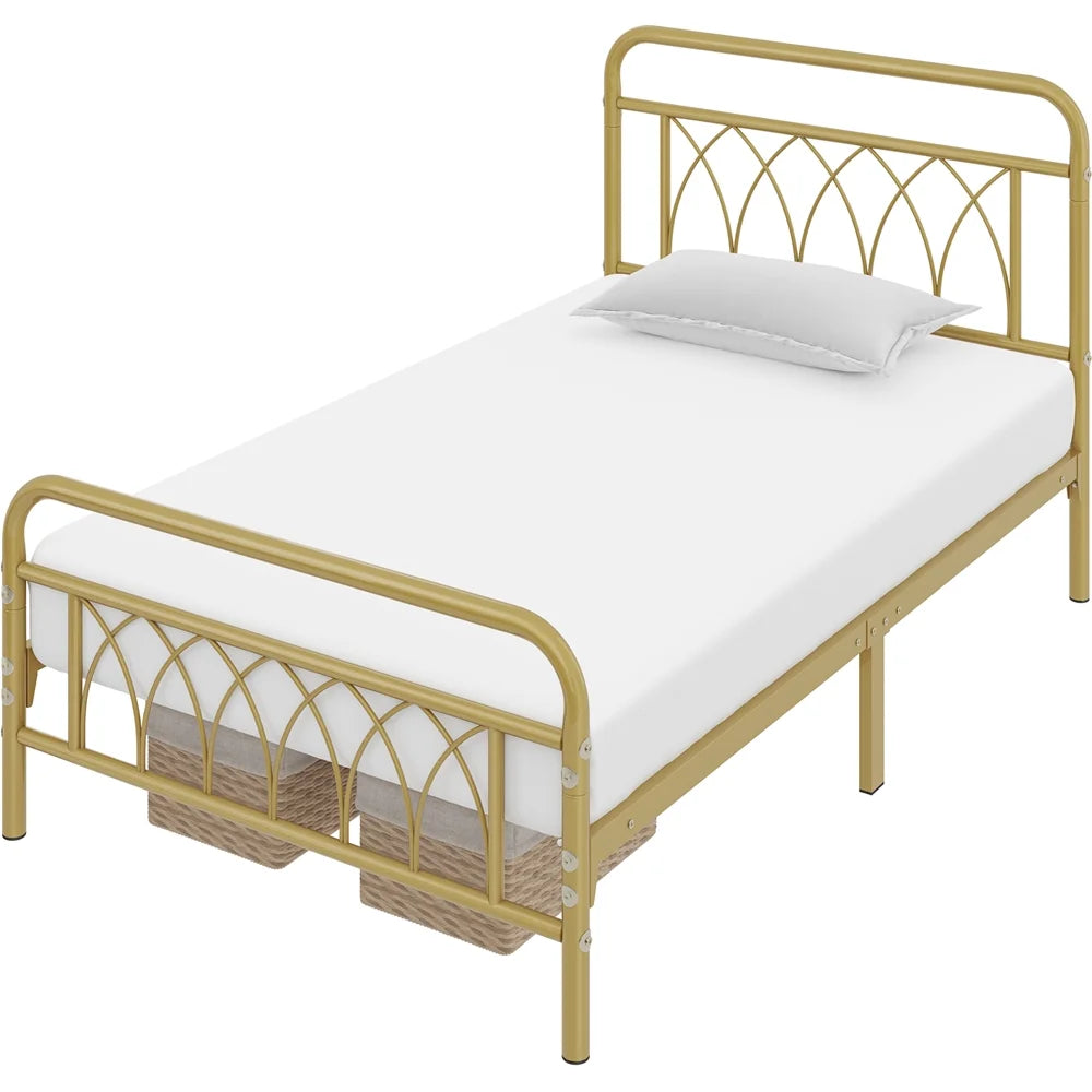 Metal Platform Bed Frame with Headboard and Footboard, Twin, Antique Gold A7994