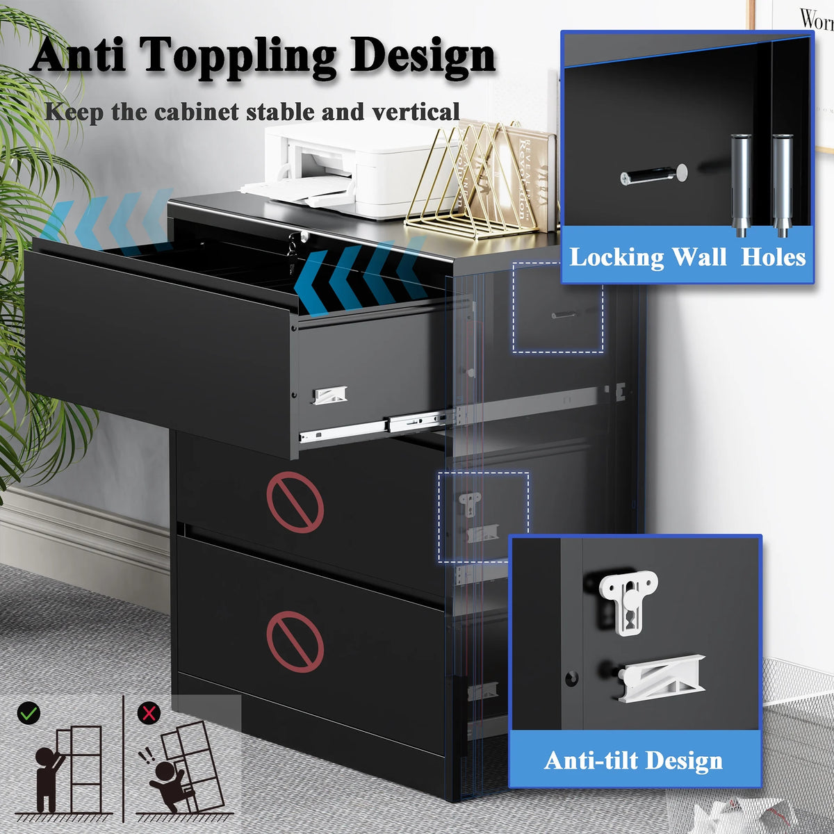 3 Drawer Black Metal File Cabinet with Lock X967