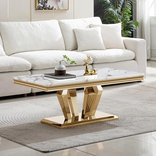4 Piece Faux Marble Coffee Table Set with Gold Stainless Steel Base E3244