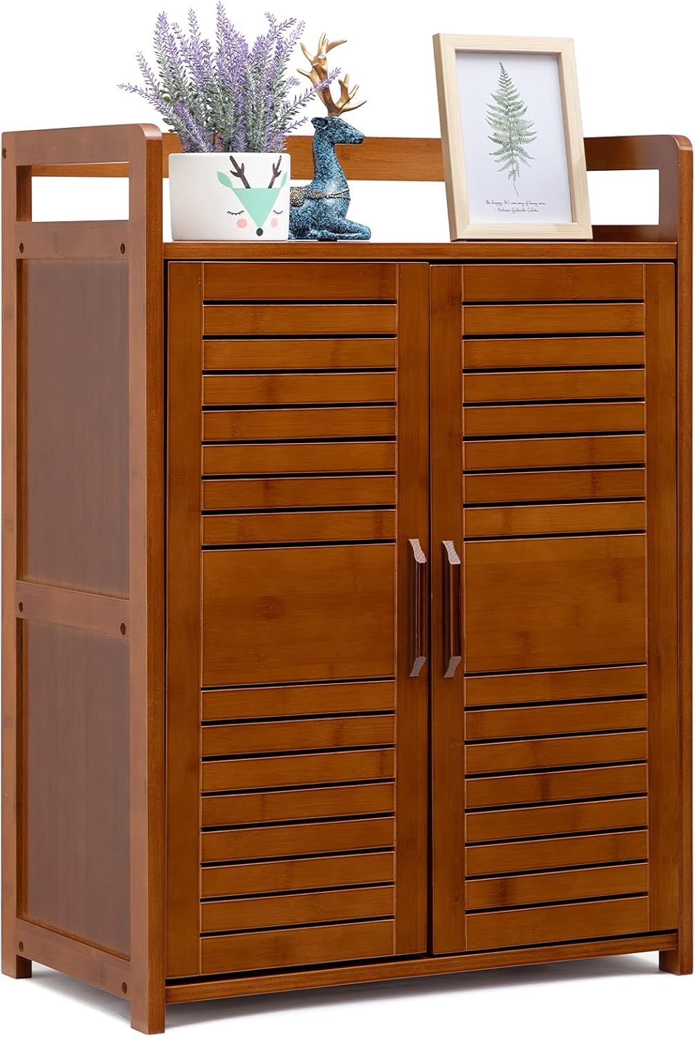 Bamboo Floor Storage Cabinet with 2 Doors and 2 Open Shelves, Antique Brown L92302