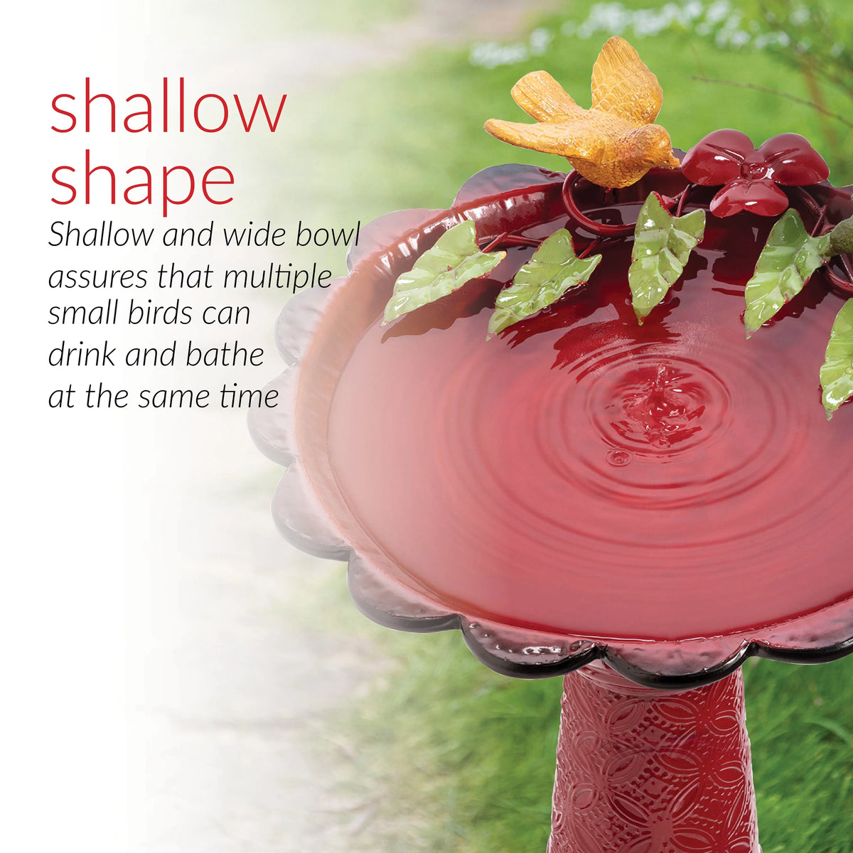 28-Inch Metal Bird Bath with Birds and Leaves, Red B4443