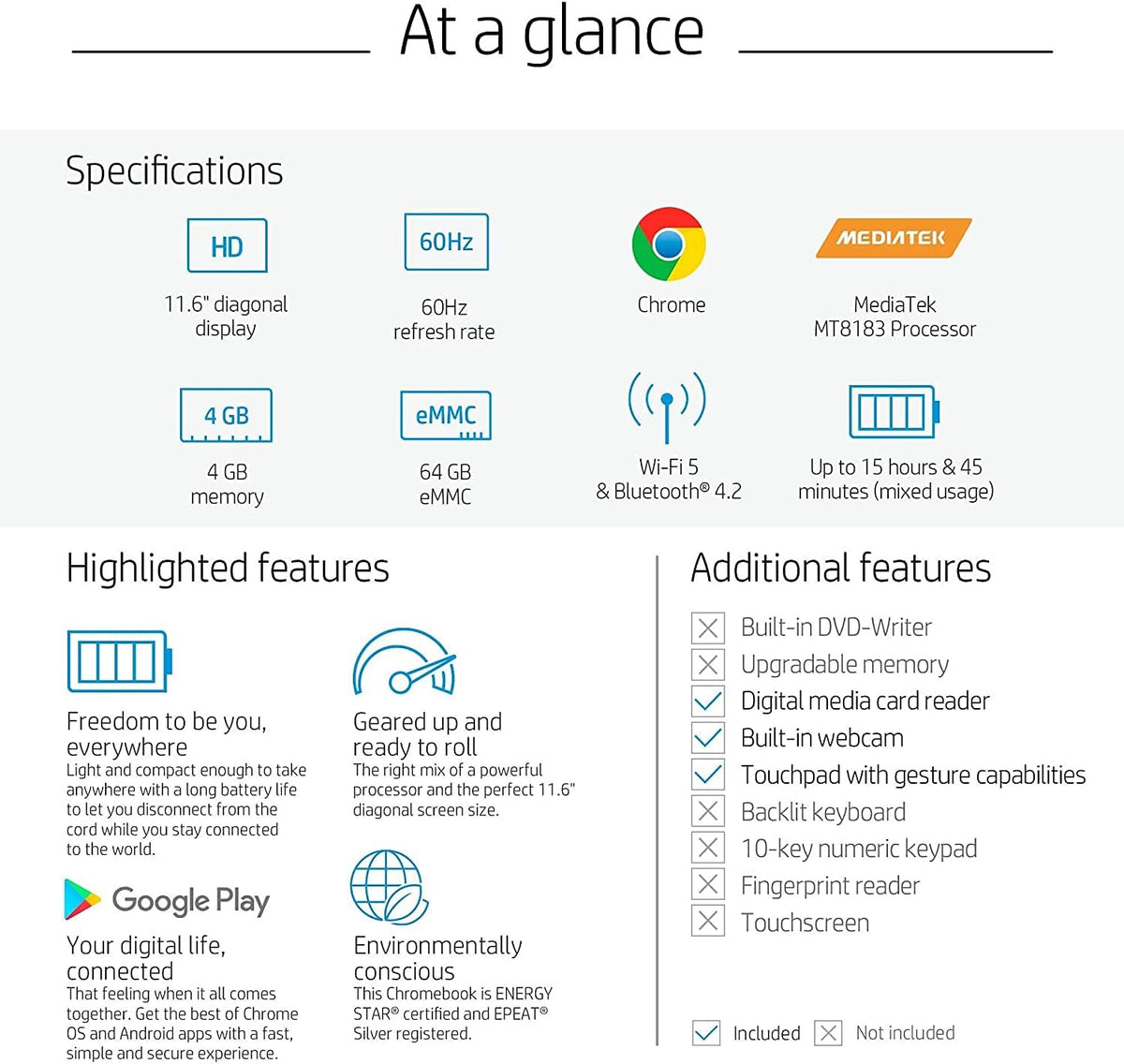 11.6 HD Anti-Glare Chromebook, 4GB RAM, 64GB eMMC M566868