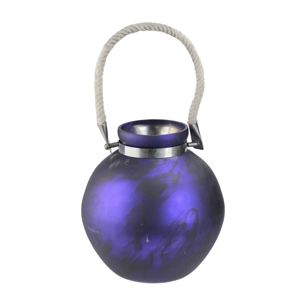 Violet and Black Marbled Glass Hurricane with Rope Handle L243022