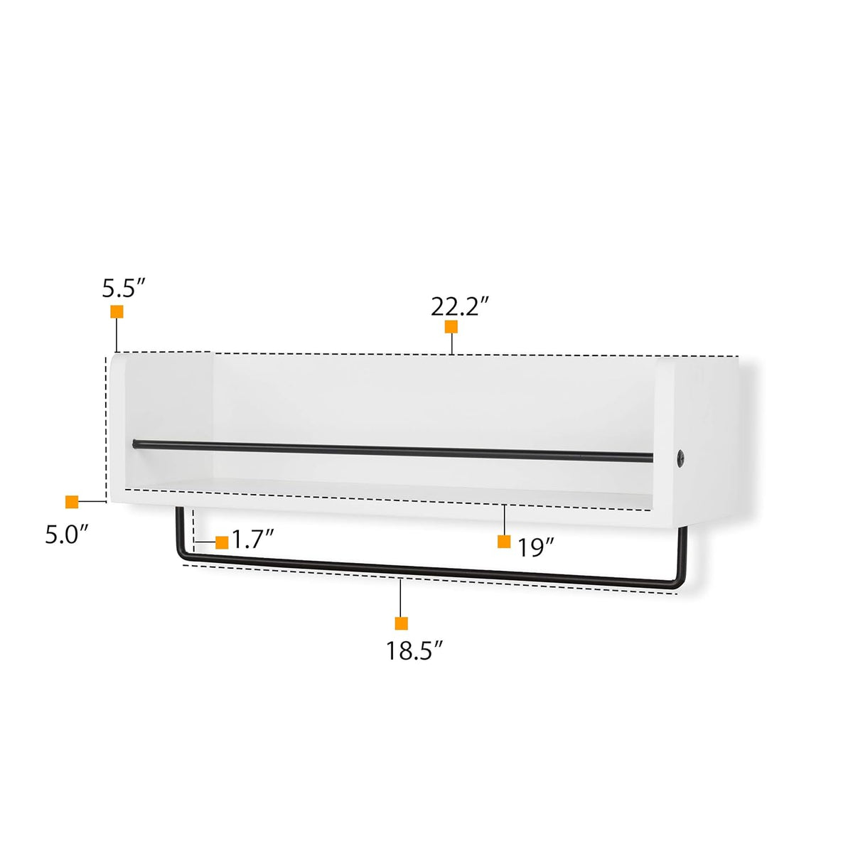 White Rustic Wood Wall Shelf with Metal Rail D837