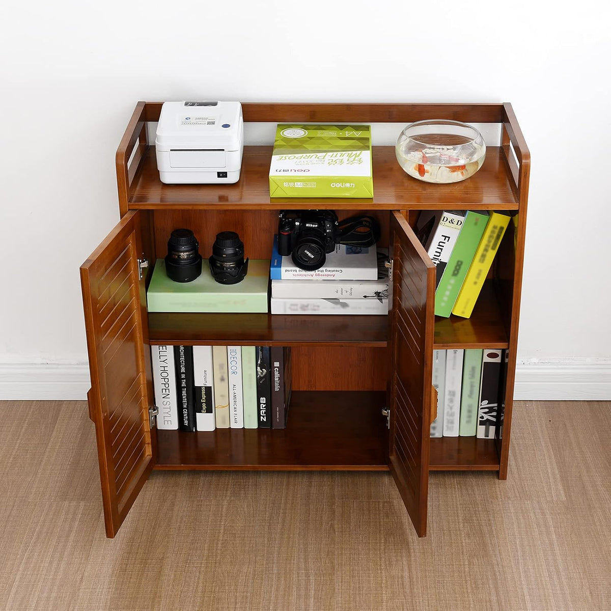 Bamboo Floor Storage Cabinet with 2 Doors and 2 Open Shelves, Antique Brown L92302