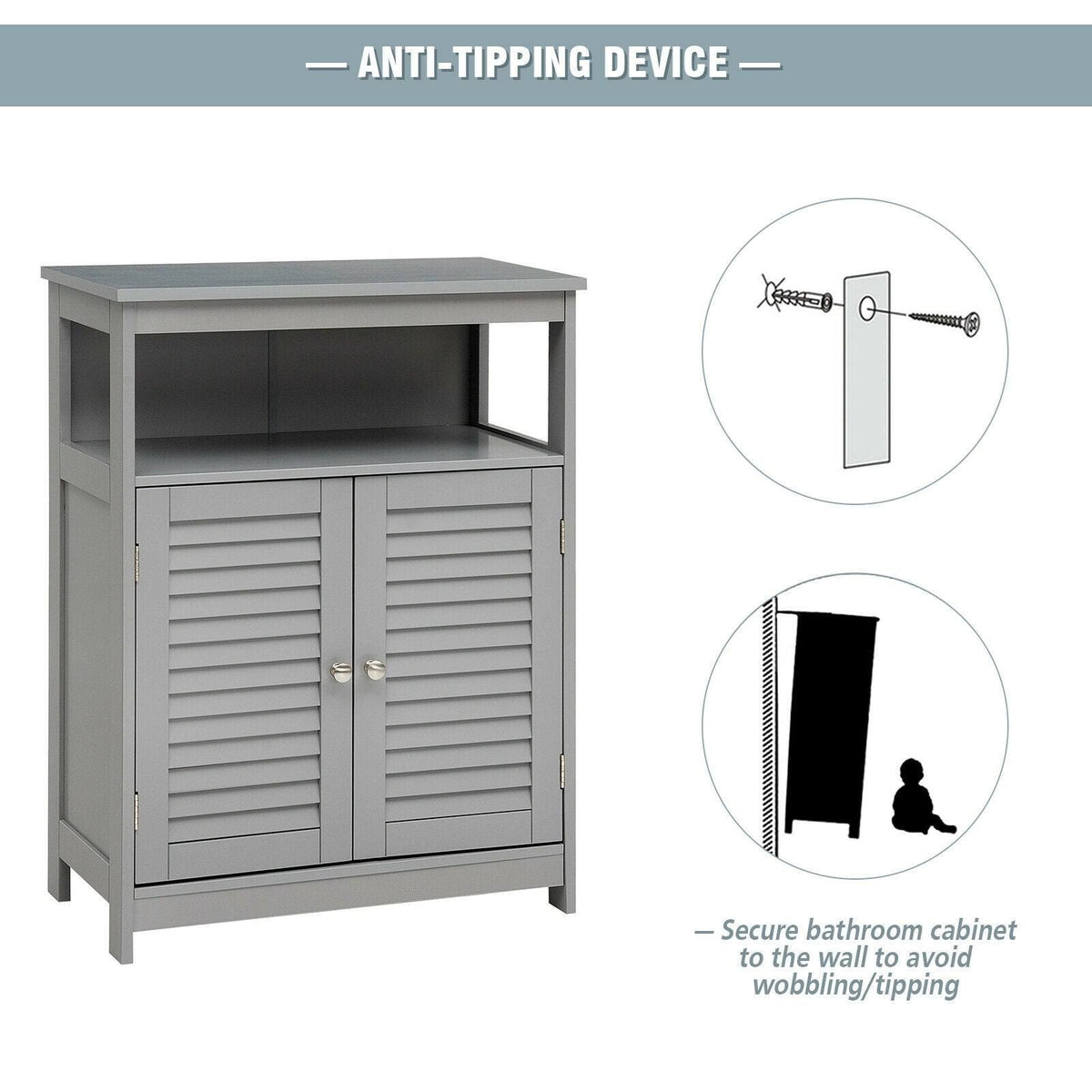 Gray Wood Freestanding Bathroom Storage Cabinet with Double Shutter Door E929