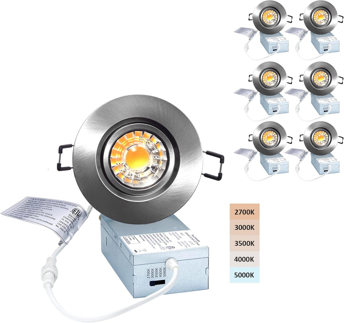 3 Inch Canless Recessed Gimbal Downlight 5 CCT Dimmable White Round Trim 6 Pack J78725