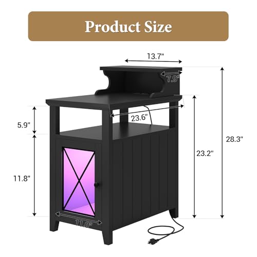 Black Farmhouse End Table with Charging Station and LED Lights T36267
