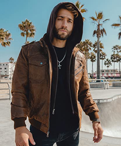 Brown Leather Motorcycle Jacket with Removable Hood S660