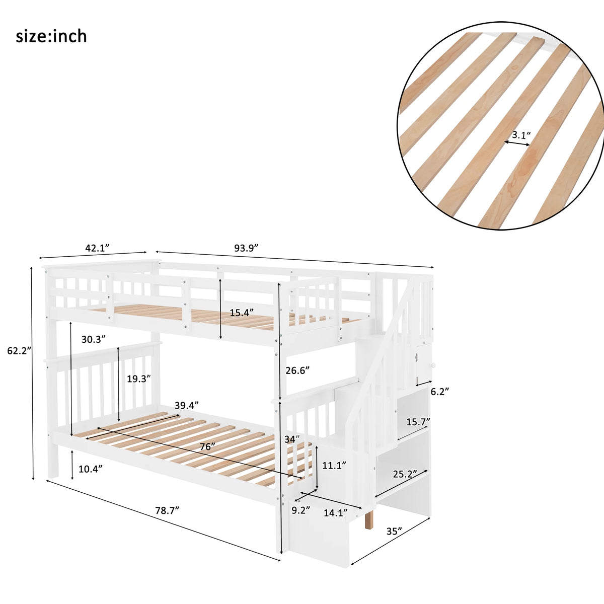 Twin Over Twin Bunk Bed with Storage Stairs and Guardrail, White W127440