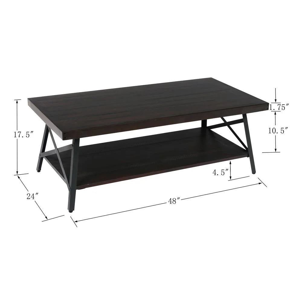 Gray 48" Coffee Table with Solid Wood Top and Open Storage Shelf A539008