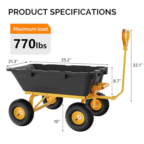 Heavy Duty Dump Cart Wagon, 770LBS Poly Wheelbarrow, 10in All-Terrain Pneumatic Tires B573405