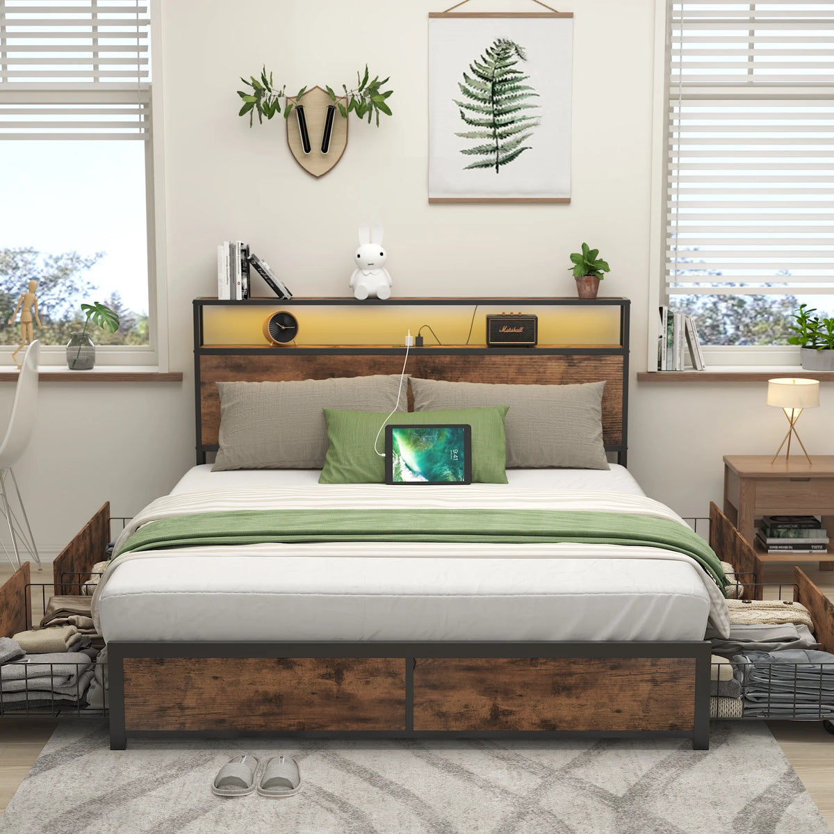 Queen Bed Frame with Headboard and Charging Station T5505