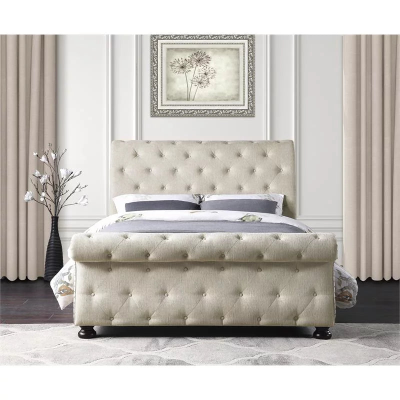 Beige California King Wood Tufted Sleigh Bed X290372