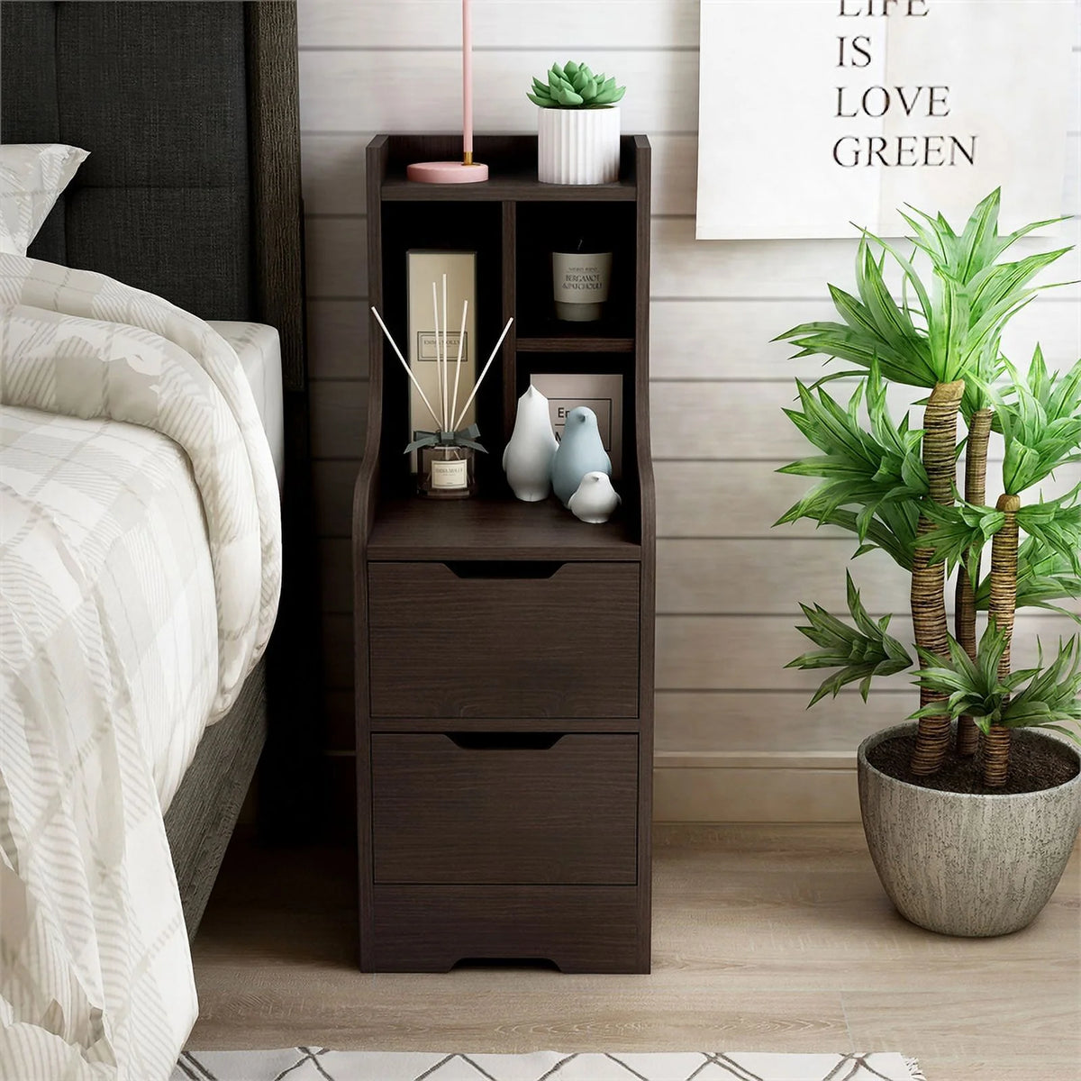 Walnut Wood 2-Drawer Nightstand with Open-Shelf Z51652
