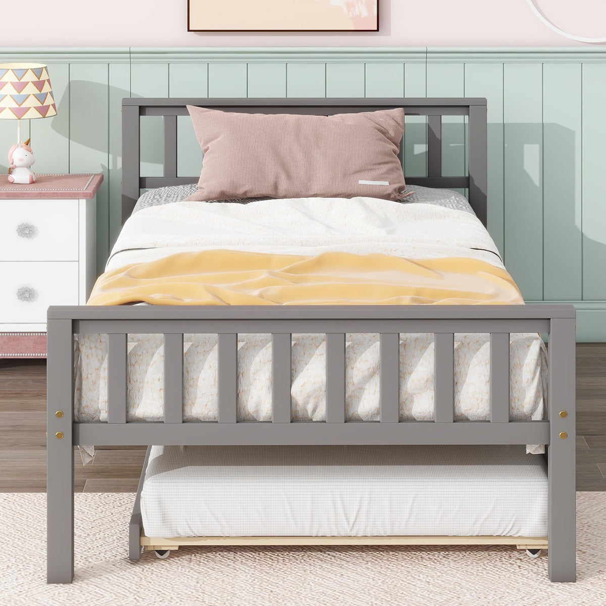 Gray Twin Size Wood Platform Bed with Trundle E451395