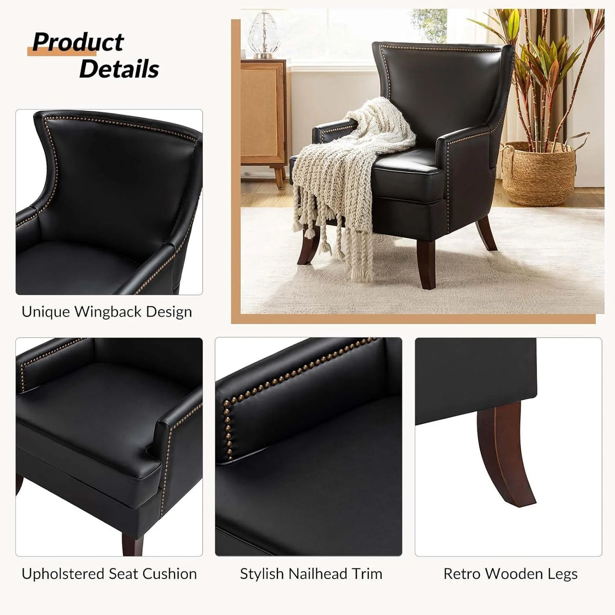 Black Faux Leather Wingback Accent Chairs Set Of 2 J3494