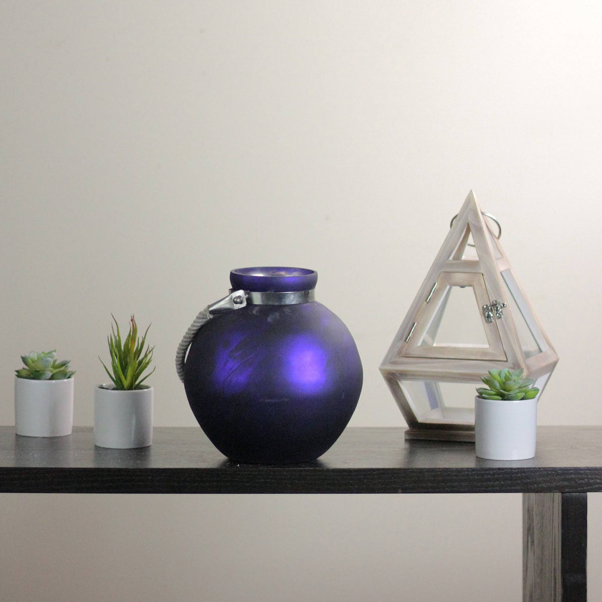 Violet and Black Marbled Glass Hurricane with Rope Handle L243022