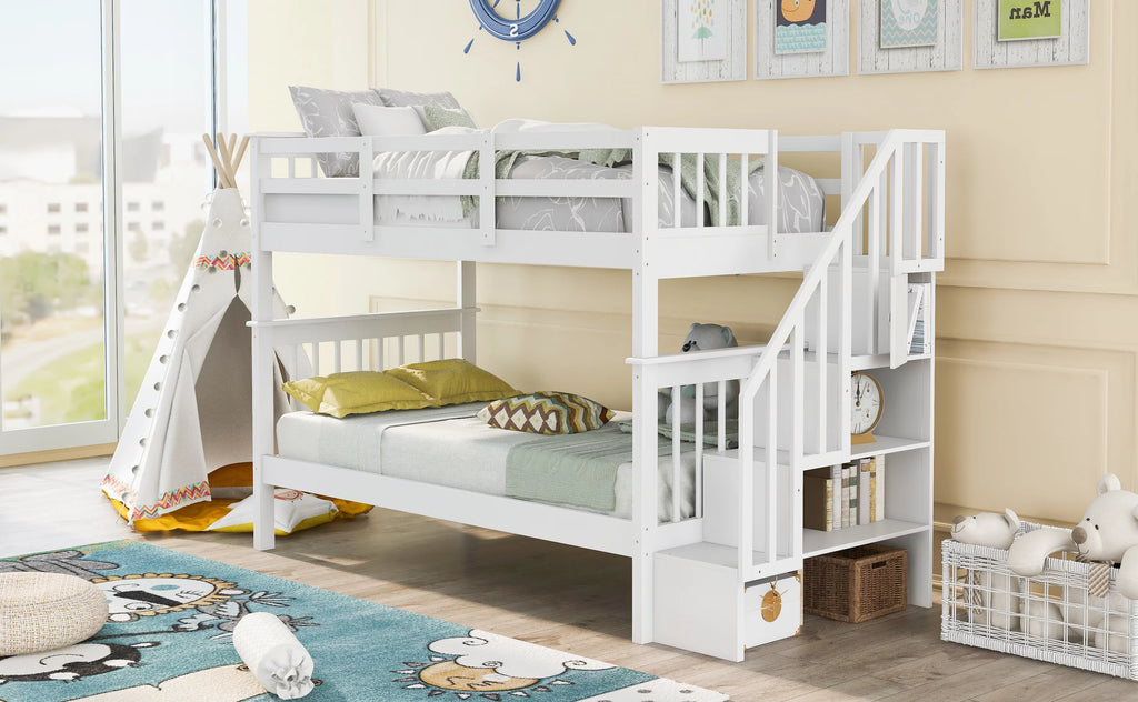 Twin Over Twin Bunk Bed with Storage Stairs and Guardrail, White W127440